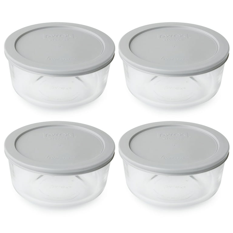Pyrex (4) 7201 4-Cup Glass Storage Bowls and (4) 7201-PC Jet Gray Plastic  Lids