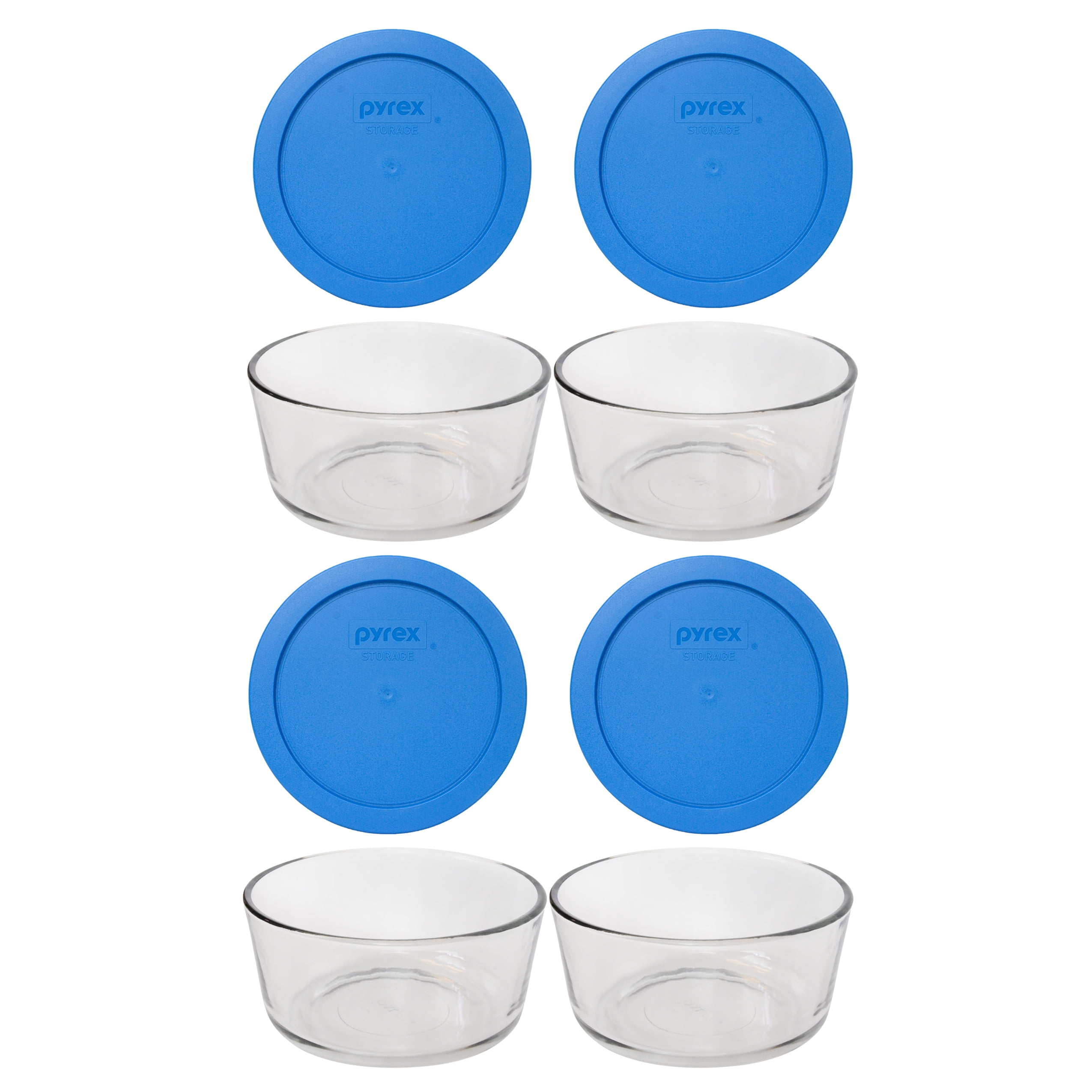 Pyrex (4) 7201 4Cup Glass Storage Bowls and (4) 7201PC Marine Blue