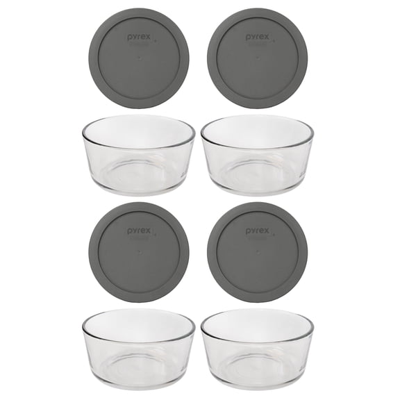 Pyrex (4) 7201 4-Cup Glass Storage Bowls and (4) 7201-PC Puddle Gray Plastic Lids