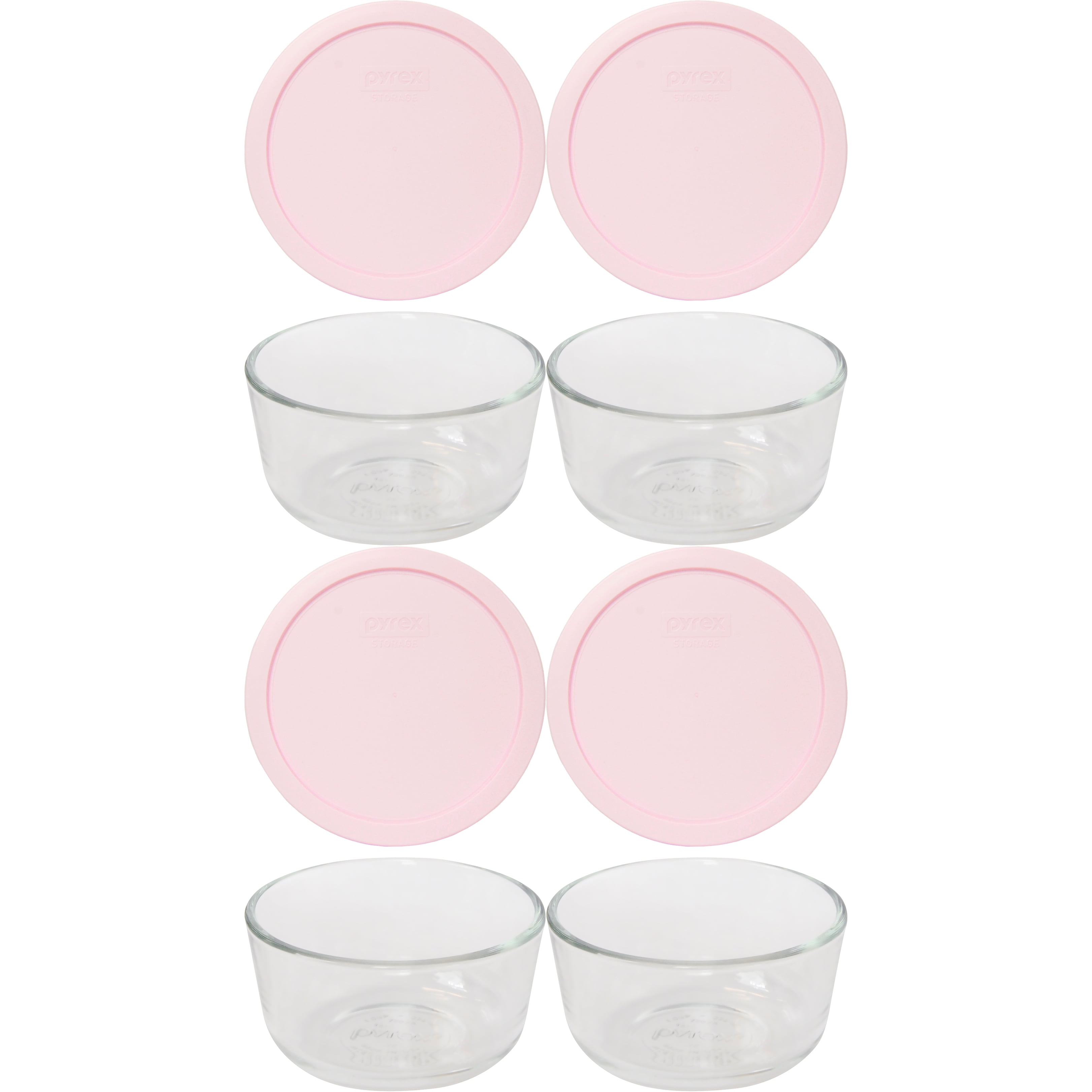 Pyrex (4) 7203 7-Cup Glass Food Storage Bowls and (4) 7402-PC Loring Pink Plastic Lids