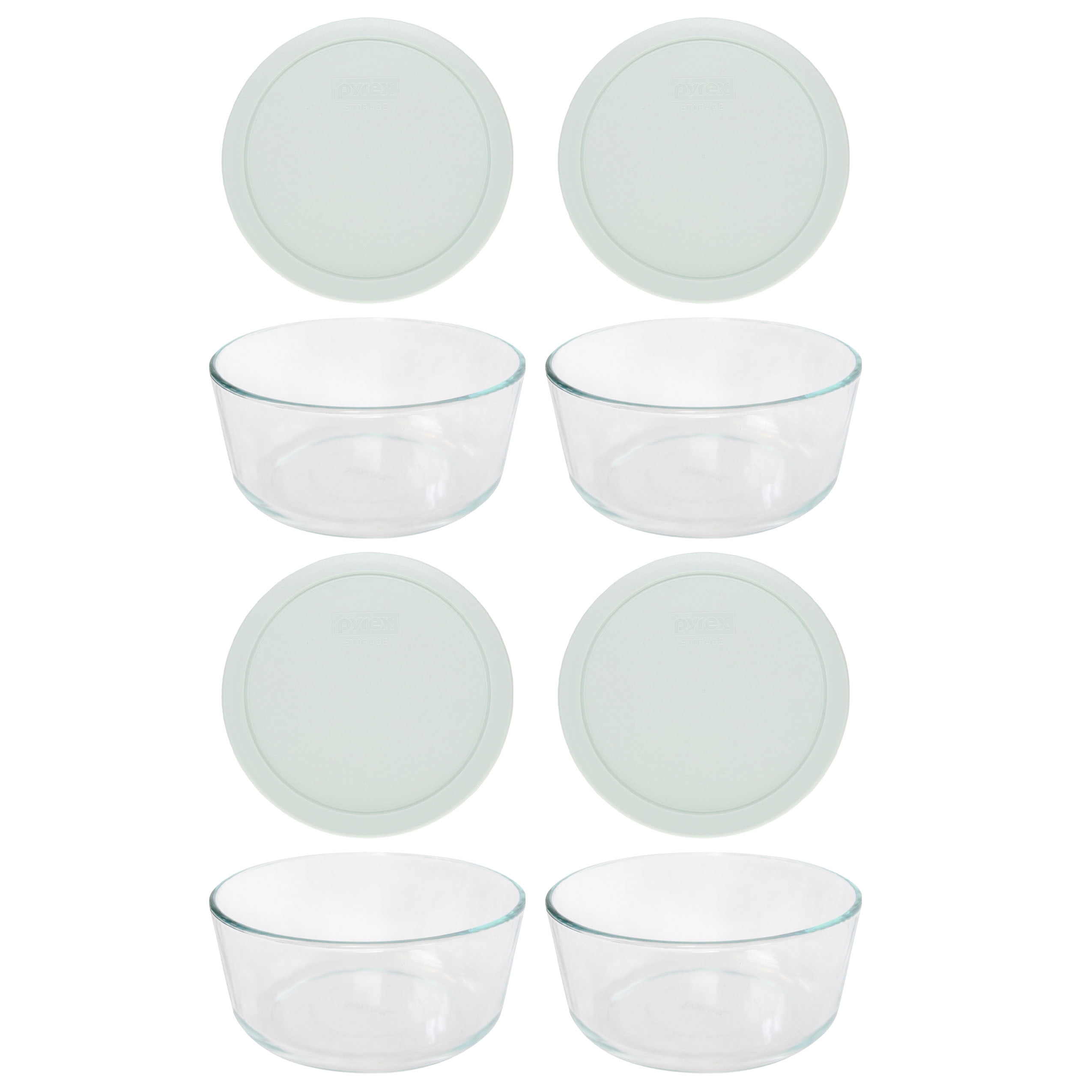 Pyrex (4) 7203 7-Cup Glass Food Storage Bowls and (4) 7402-PC Sage Green Plastic Lids