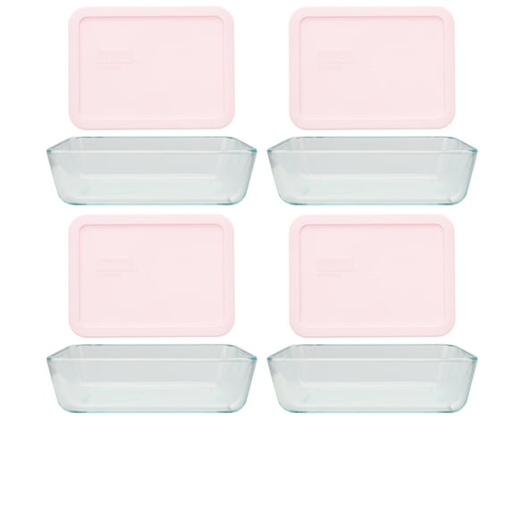 Pyrex (4) 7210 3-Cup Clear Glass Rectangular Dishes with (4) 7210-PC 3-Cup Loring Pink BPA-Free Plastic Lids  Made in the USA