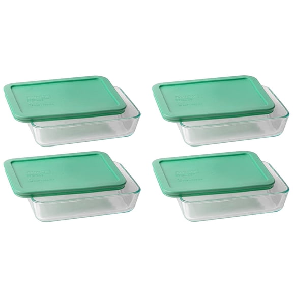 Pyrex (4) 7210 3 Cup Glass Dishes & (4) 7210-PC 3 Cup Light Green Lids