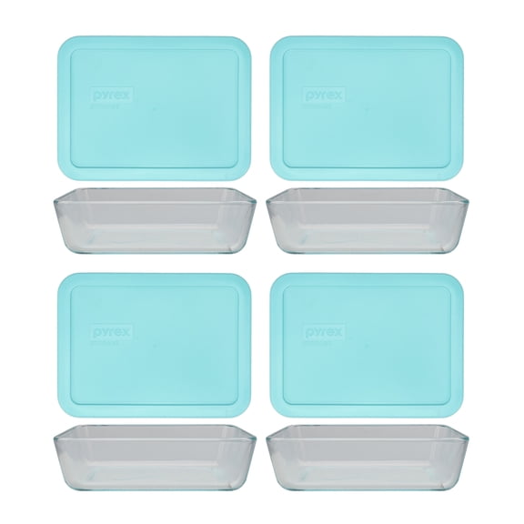Pyrex (4) 7210 3-Cup Glass Dishes & (4) 7210-PC Sun Bleached Turquoise Lids