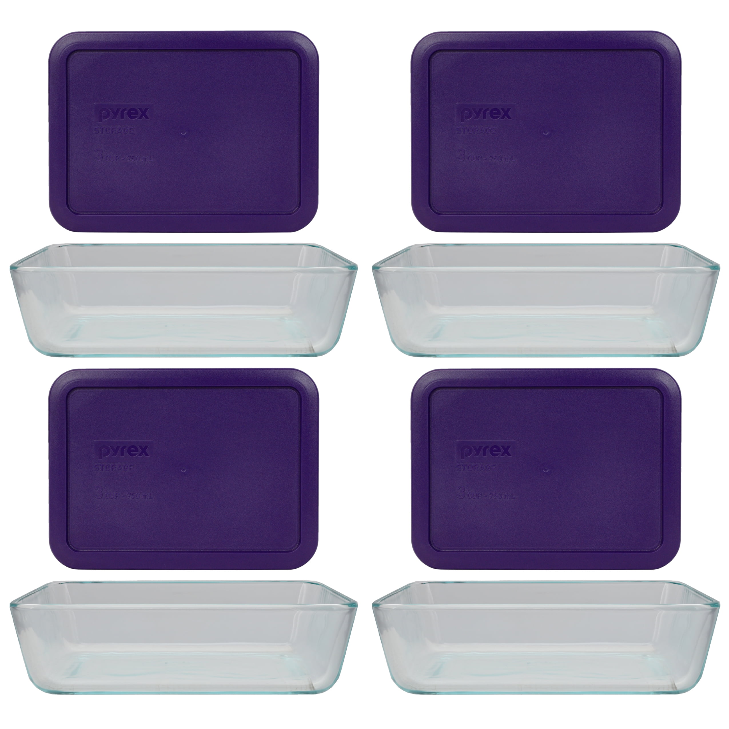 Pyrex (4) 7210 3Cup Glass Food Storage Dishes and (4) 7210PC Plum Purple Plastic Lids