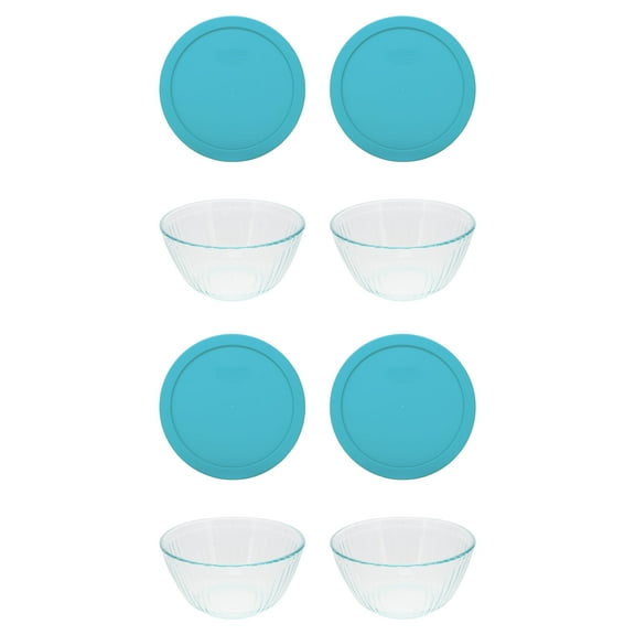 Pyrex (4) 7403 10-Cup/2.5L Sculpted Glass Mixing Bowls and (4) 7403-PC 10-Cup Turquoise Green Mixing Bowl Lids - Made in USA