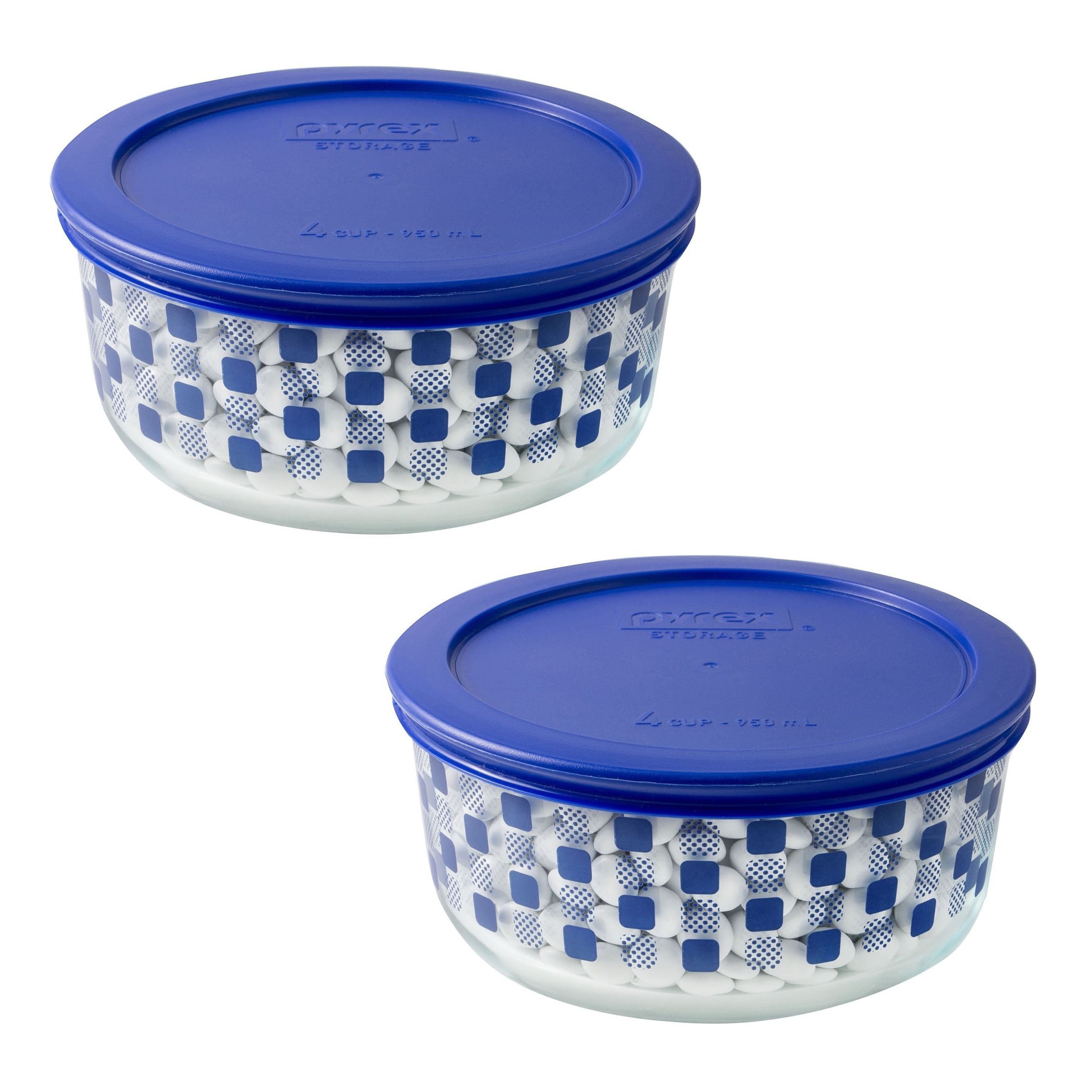 Pyrex Plato redondo de almacenamiento de 4 tazas, transparente con tapa  azul, paquete de 4 recipientes