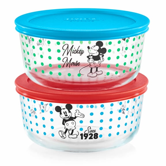 Pyrex 4 Piece Round 4 Cup Mickey True Original Value Pack Blue & Red