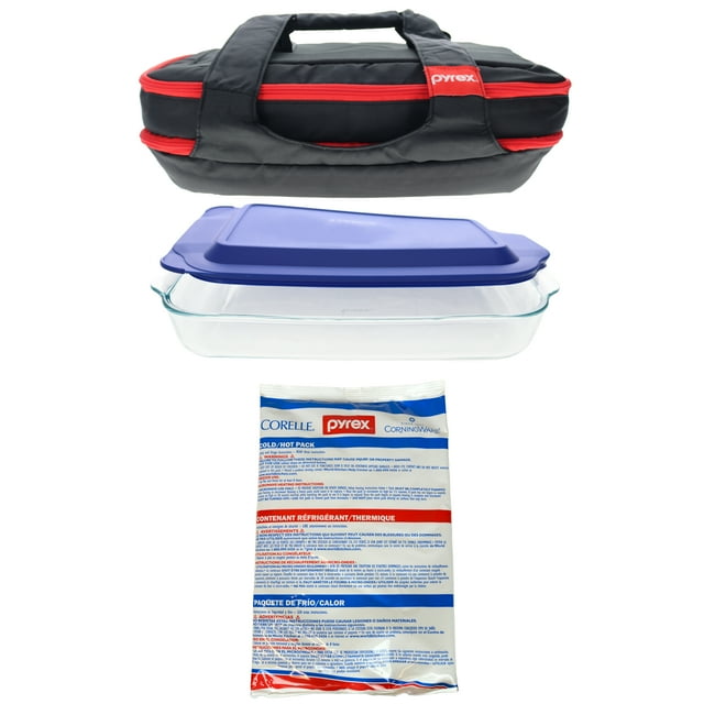 Pyrex 4Piece Tote Bundle with Bakeware, Lagoon Blue Lid, and Hot/Cold