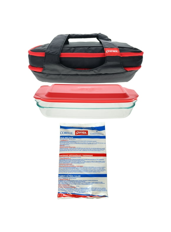 Pyrex 4-Piece Tote Bundle with Bakeware, Red Lid, and Large Hot/Cold Pack