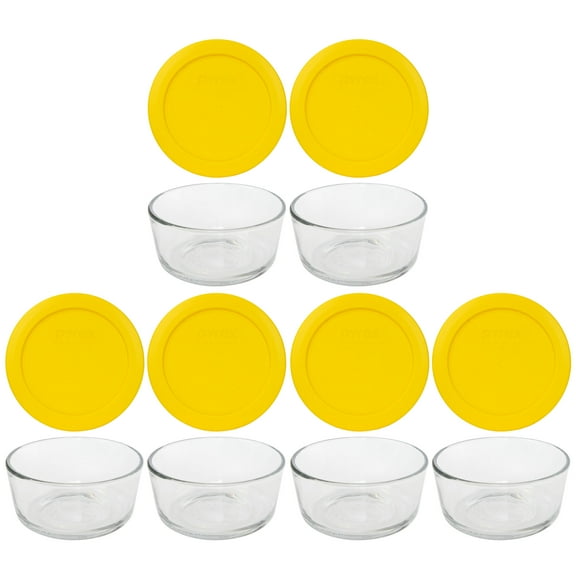 Pyrex (6) 7200 2-Cup Glass Food Storage Bowls and (6) 7200-PC Meyer Lemon Plastic Lids