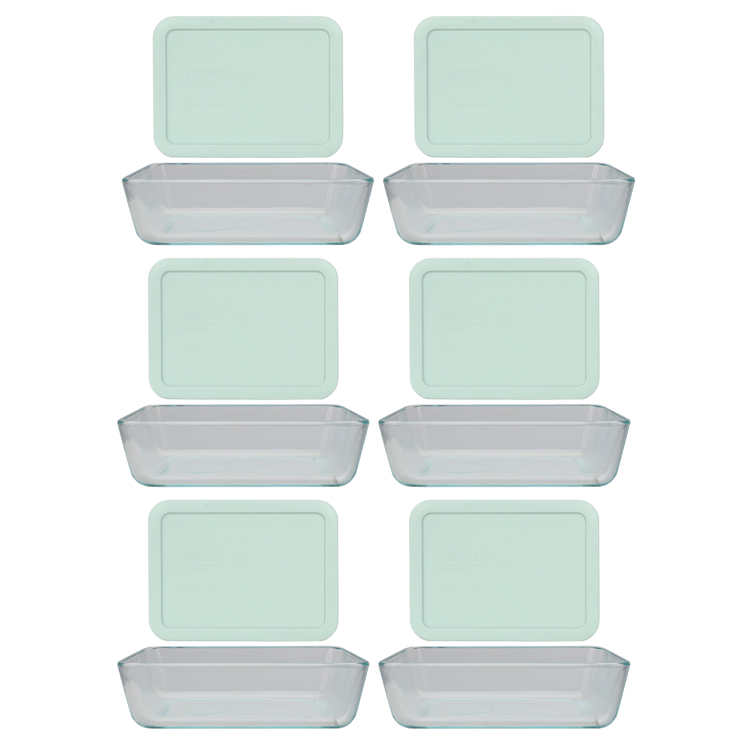 Pyrex (6) 7210 3Cup Glass Food Storage Dishes & (6) 7210PC Muddy Aqua Plastic Lids