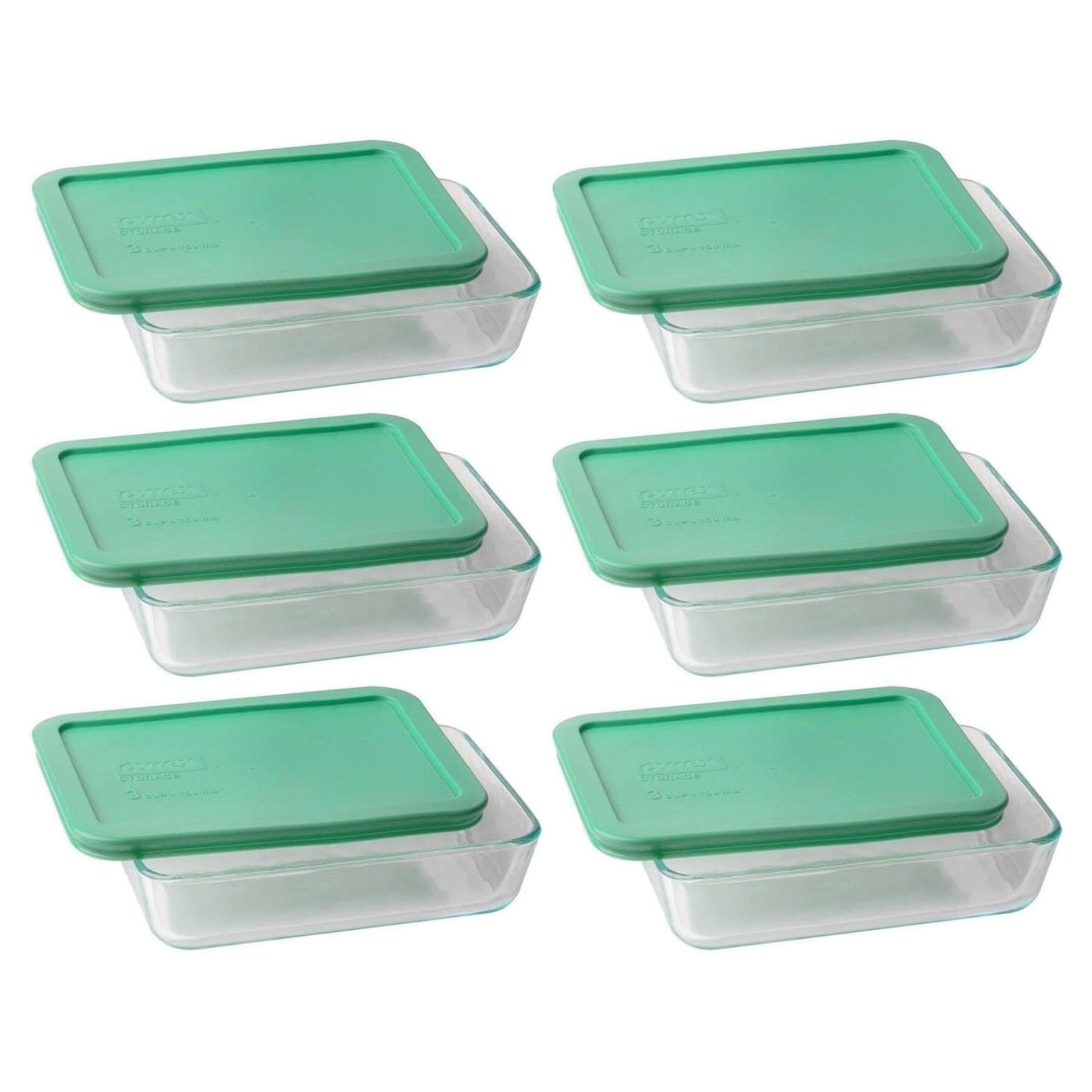Pyrex (6) 7210 3Cup Glass Food Storage Dishes and (6) 7210PC Light Green Plastic Lids