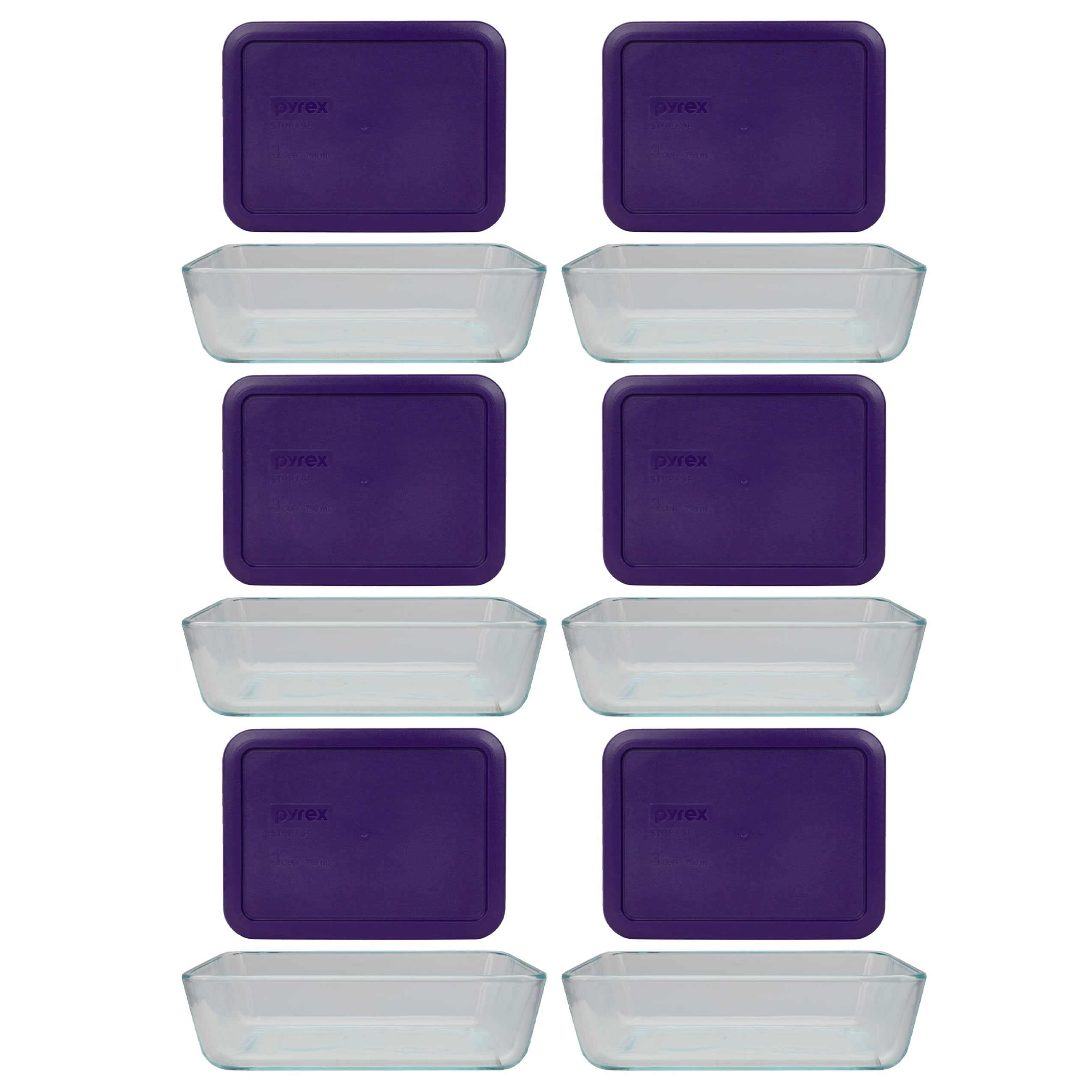 Pyrex (6) 7210 3Cup Glass Food Storage Dishes and (6) 7210PC Plum Purple Plastic Lids