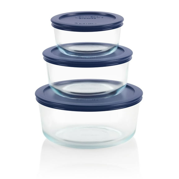 Pyrex 6-piece Round Glass Food Storage Container Set with Blue Lids