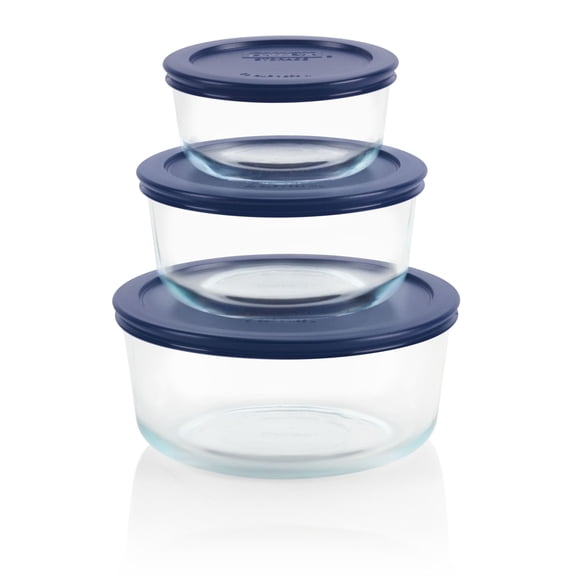 Pyrex 6-piece Round Glass Food Storage Container Set with Blue Lids