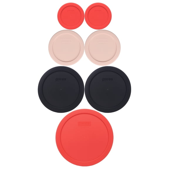 Pyrex 7-Piece Set of (2) 7202-PC 1-Cup Red, (2) 7200-PC 2-Cup Rosewater Pink, (2) 7201-PC 4-Cup Black, (1) 7402-PC 6/7-Cup Red Round BPA-free Plastic Replacement Lids