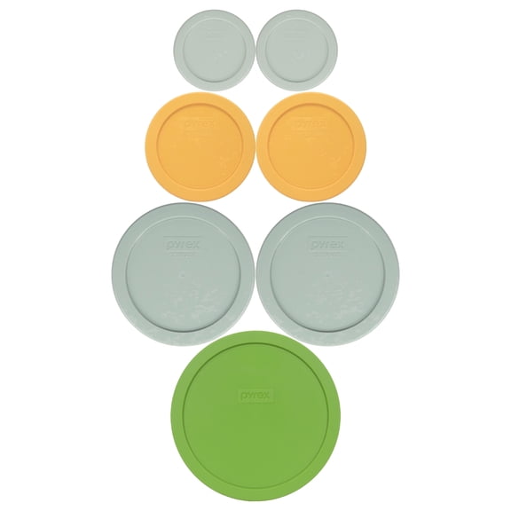 Pyrex 7-Piece Set of (2) 7202-PC 1-Cup White Mint, (2) 7200-PC 2-Cup Butter Yellow, (2) 7201-PC 4-Cup Tranquil Green, (1) 7402-PC 6/7-Cup Green Round BPA-free Plastic Replacement Lids