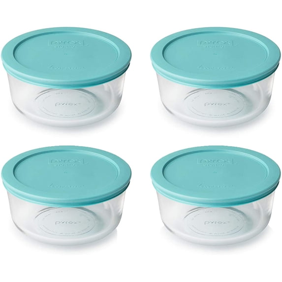 Pyrex 7201 Glass 4-Cup Food Storage Bowl and 7201-PC 4-Cup Turquoise Plastic Lid (4-Pack)