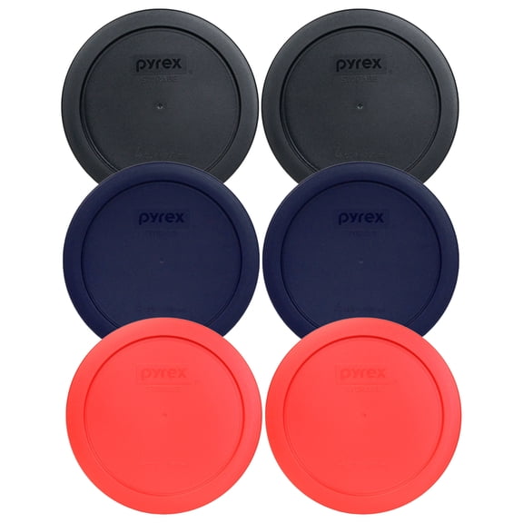 Pyrex 7201-PC (2) Black, (2) Navy Blue, and (2) Red Round Food Storage Replacement Lid Covers