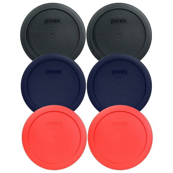 Pyrex 7201-PC (2) Black, (2) Navy Blue, and (2) Red Round Food Storage Replacement Lid Covers