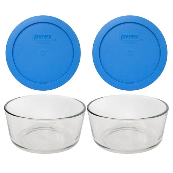Pyrex (2) 7201 4 Cup Glass Bowls & (2) 7201-PC Marine Blue Lids