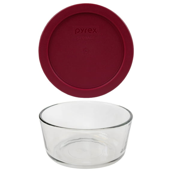 Pyrex 7201 Round 4-Cup Glass Food Storage Bowl and 7201-PC Sangria Red Lid Cover