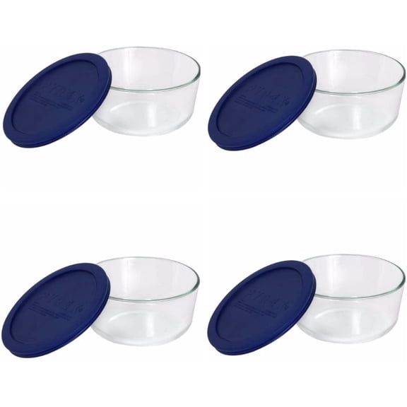 Pyrex 7201 Round Glass Food Storage Bowl w/ 7201-PC Dark Blue Lid Cover (4-Pack)
