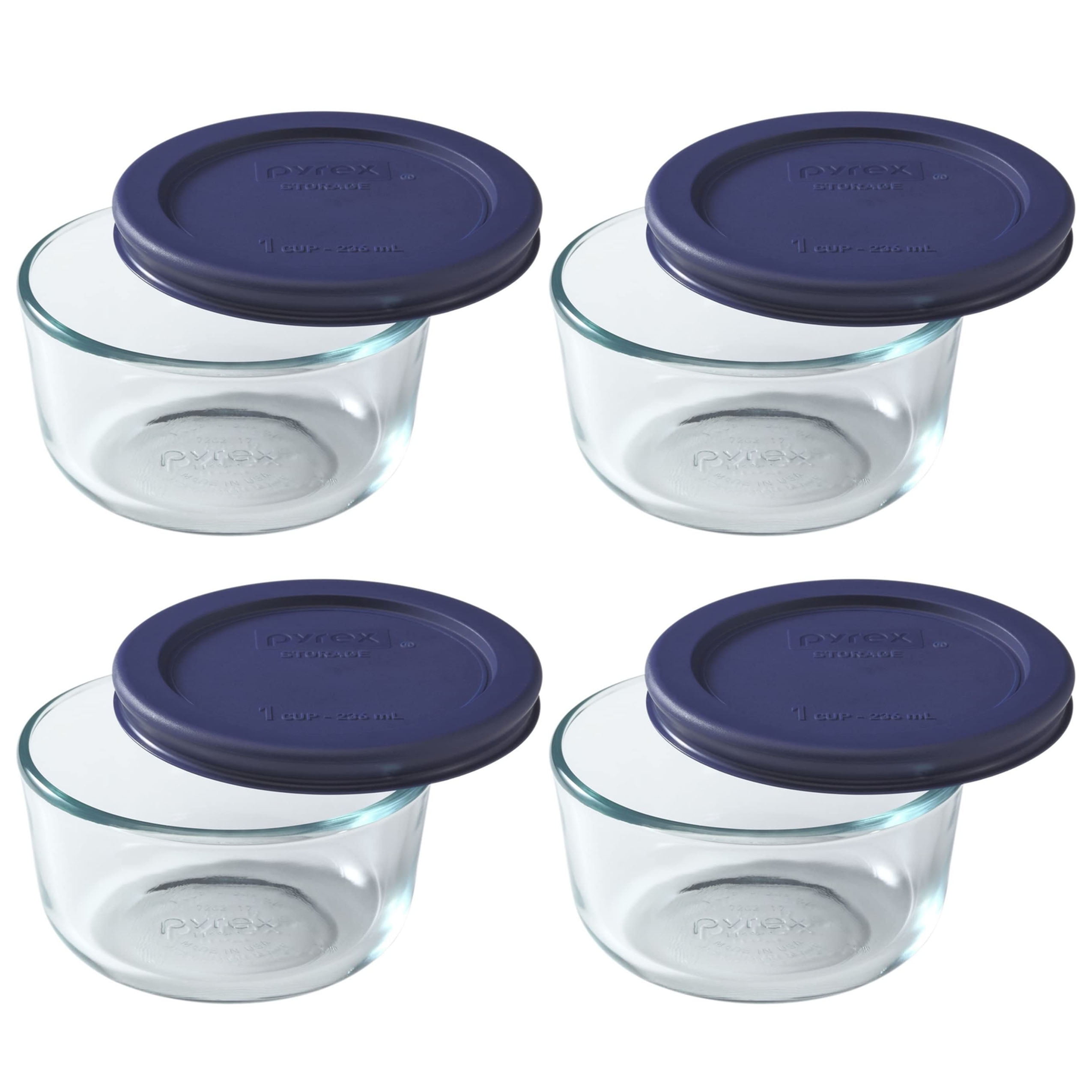 Pyrex 7202 1-Cup Clear Round Glass Food Storage Bowl and 7202-PC Blue Plastic Lid (4-Pack)