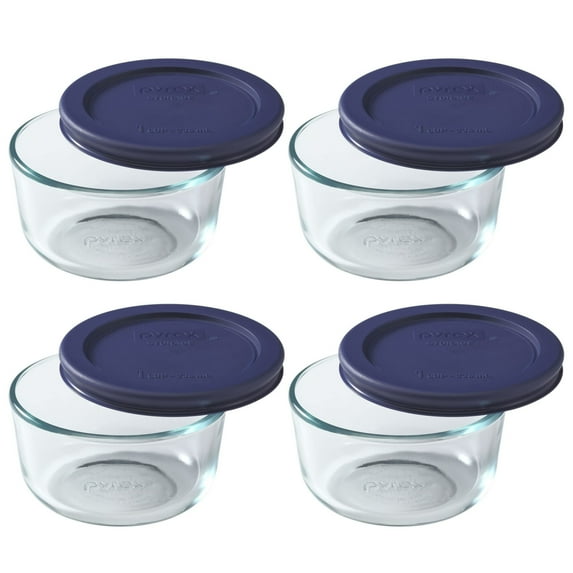 Pyrex 7202 1-Cup Clear Round Glass Food Storage Bowl and 7202-PC Blue Plastic Lid (4-Pack)