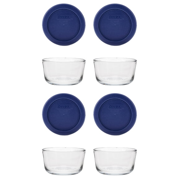 Pyrex 7202 1-Cup Glass Bowls & Dark Blue Lids (4-Pack)
