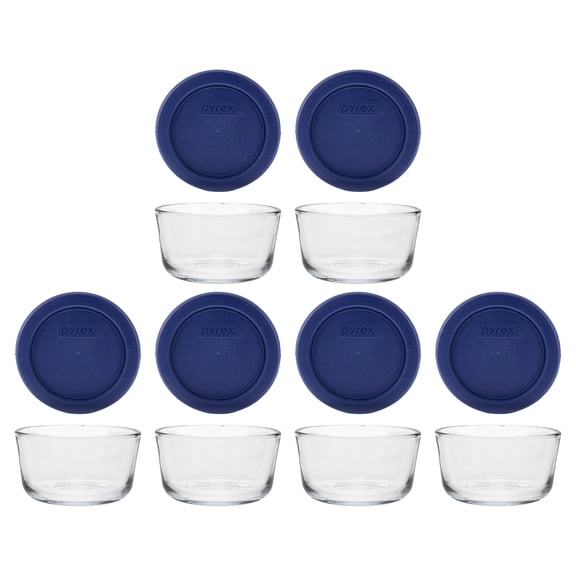 Pyrex 7202 1-Cup Glass Bowls & Dark Blue Lids (6-Pack)