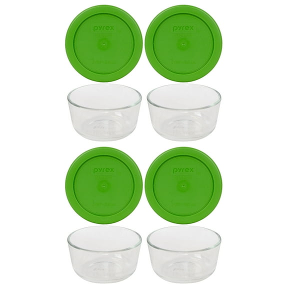 Pyrex 7202 1-Cup Clear Round Glass Food Storage Bowl and 7202-PC Lawn Green Plastic Lid (4-Pack)