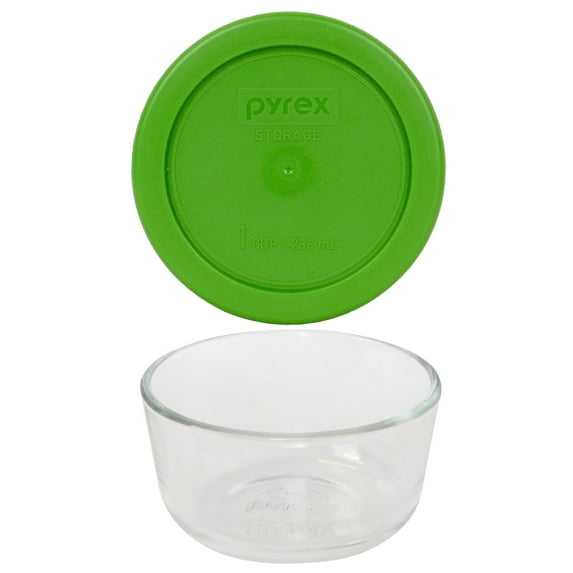 Pyrex 7202 1-Cup Clear Round Glass Food Storage Bowl and 7202-PC Lawn Green Plastic Lid