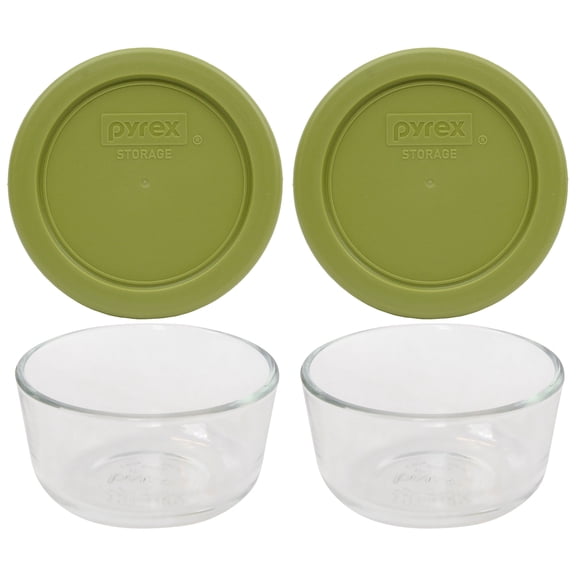 Pyrex 7202 1-Cup Glass Bowls & Olive Green Lids (2-Pack)