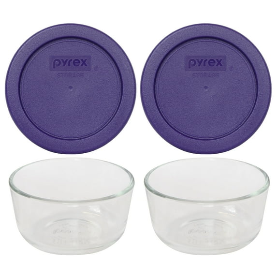 Pyrex 7202 1 Cup Glass Bowls & 7202-PC Plum Purple Lids (2-Pack)