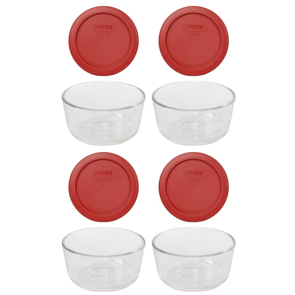 Pyrex 7202 1-Cup Glass Bowls & Poppy Red Lids (4-Pack)