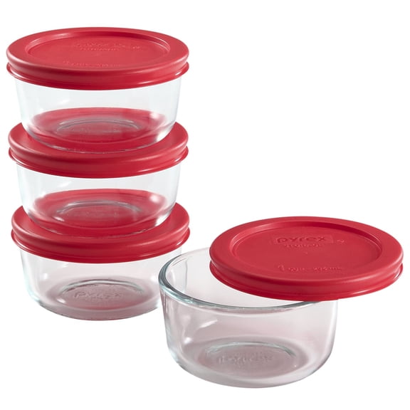 Pyrex 7202 1-Cup Glass Bowl & Red Lid (4-Pack)