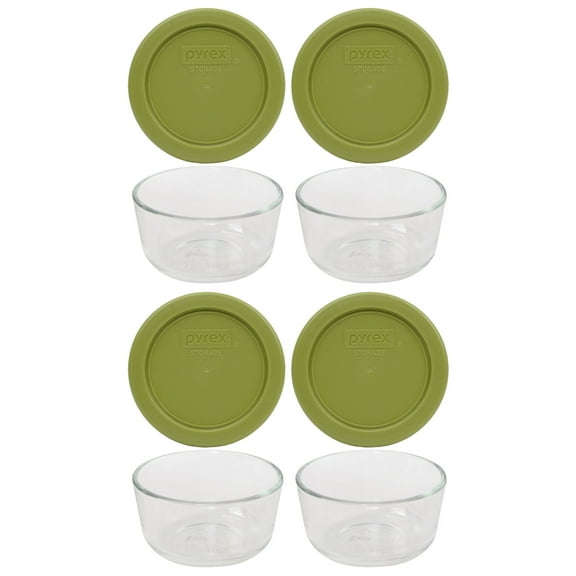 Pyrex 7202 1 Cup Glass Bowls & 7202-PC Olive Green Lids (4-Pack)