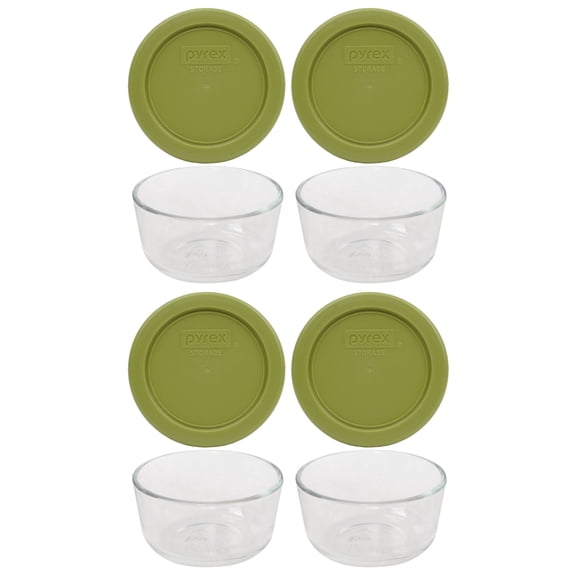 Pyrex 7202 1-Cup Glass Bowls & Olive Green Lids (4-Pack)