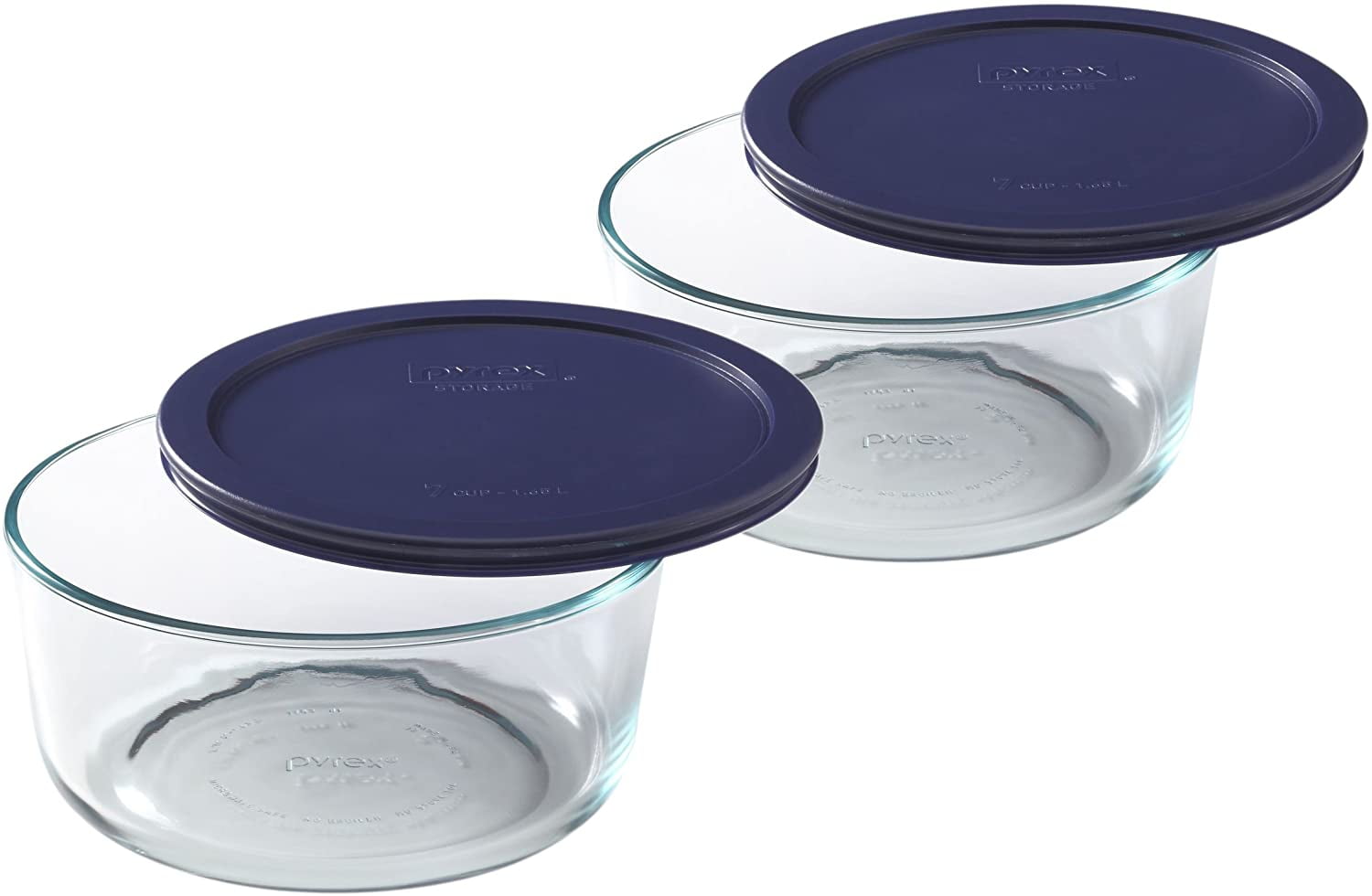 Pyrex 7-Cup Glass Food Storage Bowl Set with Dark Blue Plastic Lids ...