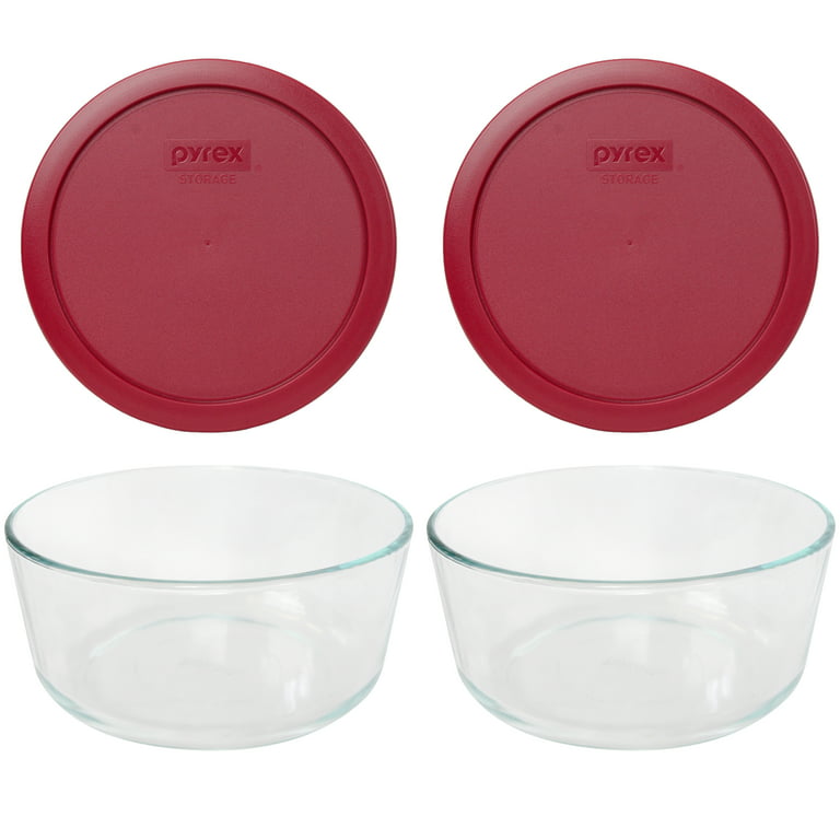 Pyrex 7203 7-Cup Glass Food Storage Bowl w/ 7402-PC Poppy Red Plastic Lid  Cover (2-Pack) 