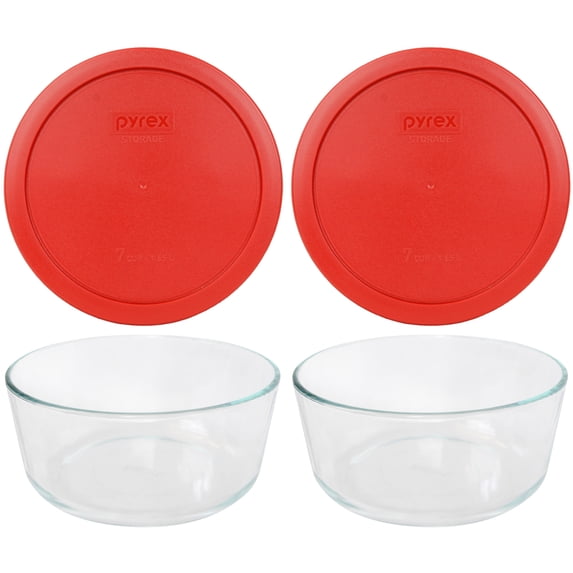 Pyrex 7203 7-Cup Glass Food Storage Bowl w/ 7402-PC Poppy Red Plastic Lid Cover (2-Pack)