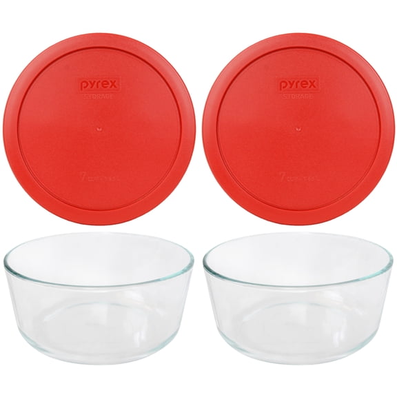 Pyrex 7203 7-Cup Glass Food Storage Bowl w/ 7402-PC Poppy Red Plastic Lid Cover (2-Pack)