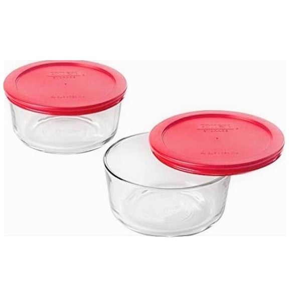 Pyrex 7203 7-Cup Round Glass Food Storage Bowl and 7402-PC Red Plastic Lid Cover (2-Pack)