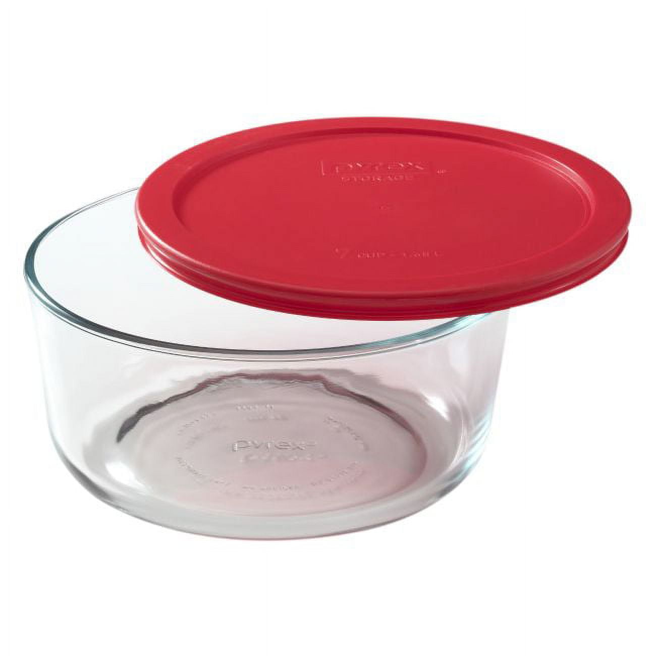 Pyrex 7203 7-Cup Round Glass Food Storage Bowl and 7402-PC Red Plastic ...