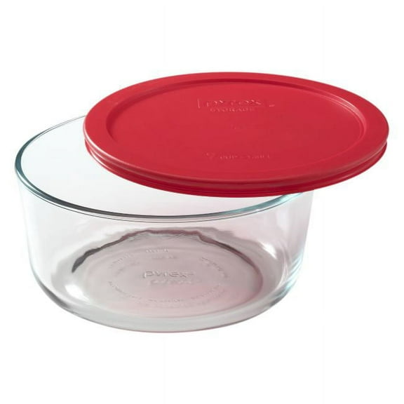 Pyrex 7203 7-Cup Round Glass Food Storage Bowl and 7402-PC Red Plastic Lid Cover