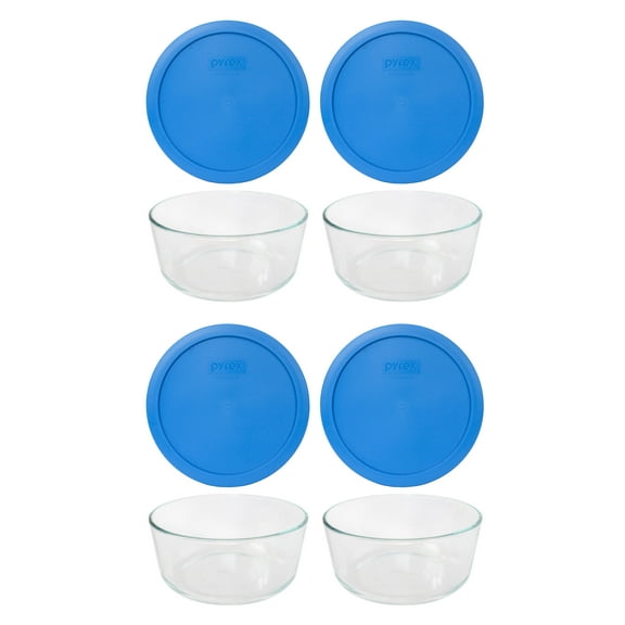 Pyrex 7203 7-Cup Round Glass Storage Bowl and 7402-PC Marine Blue Plastic Lid (4-Pack)