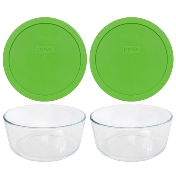 Pyrex 7203 Round Glass Food Storage Bowl w/ 7402-PC Green Plastic Lid Cover (2-Pack)