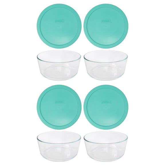 Pyrex 7203 Round Glass Food Storage Bowl w/ 7402-PC Light Green Plastic Lid Cover (4-Pack)